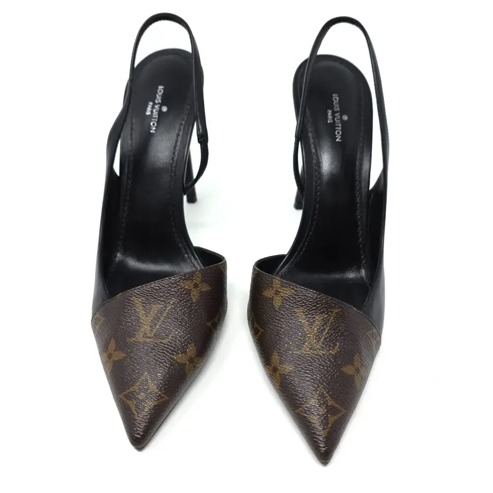 Louis Vuitton Monogram Slingback Pumps Cherie Pointed Toe Leather Heels 37.5 7.5